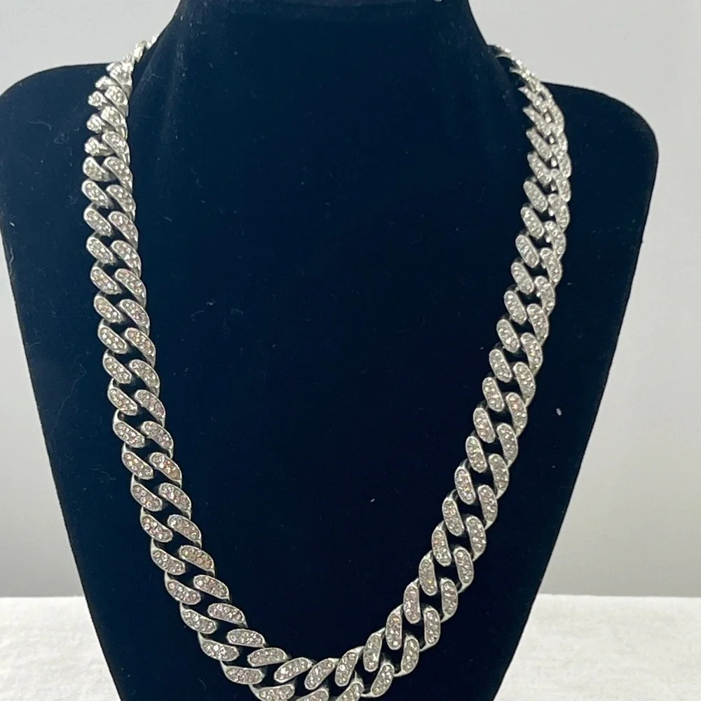 Miami Cuban Link Silver tone with rhinestones Necklace.
